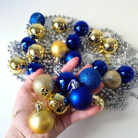 Набір новорічних іграшок 24 шт 4 см | прикраси ялинкові блакитно жовті | новорічні іграшки