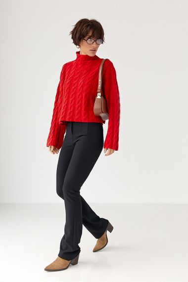 Вільний в'язаний светр з косичками - червоний цвет, ONE SIZE (є розміри) | Зображення 2