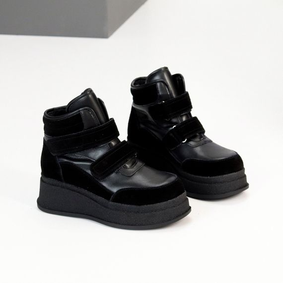 Чорні зимові черевики снікерси на липучках натуральна шкіра + замша | Зображення 5