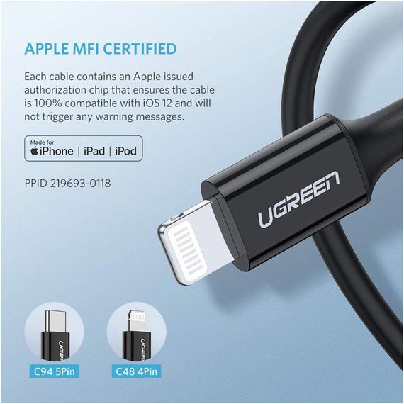 Дата кабель USB-C to Lightning 1.0m US1713A Nickel Plating ABS Shell Black Ugreen (60751) | Зображення 2