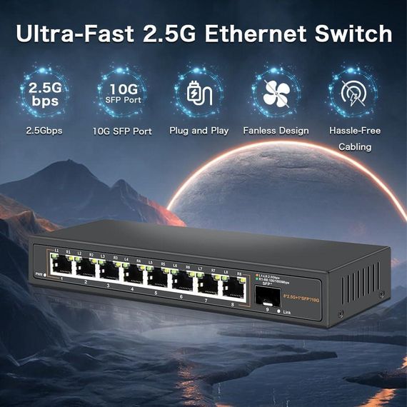 Davuaz 2.5G Ethernet комутатор з 8 портами 2.5G Base-T та 1 портом 10G SFP, безвентиляторний, Plug & Play | Зображення 3
