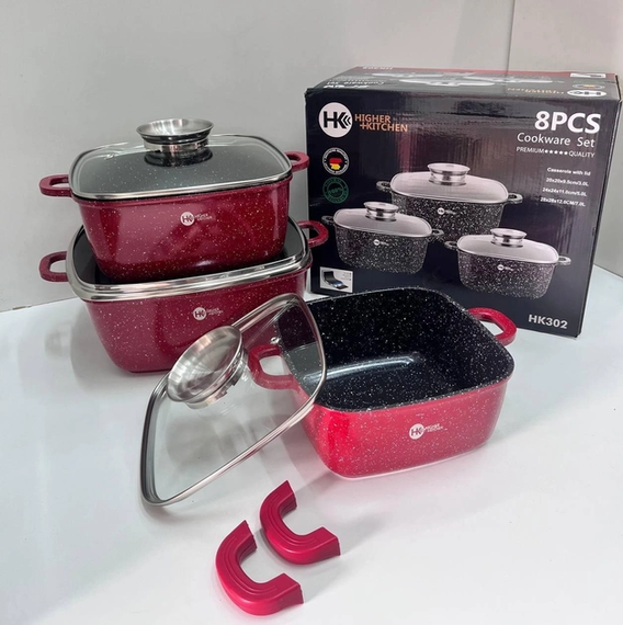 Набор квадратных кастрюль с гранитным покрытием на 8 предметов Higher Kitchen НК-302  (Красный, Черный) | Зображення 2