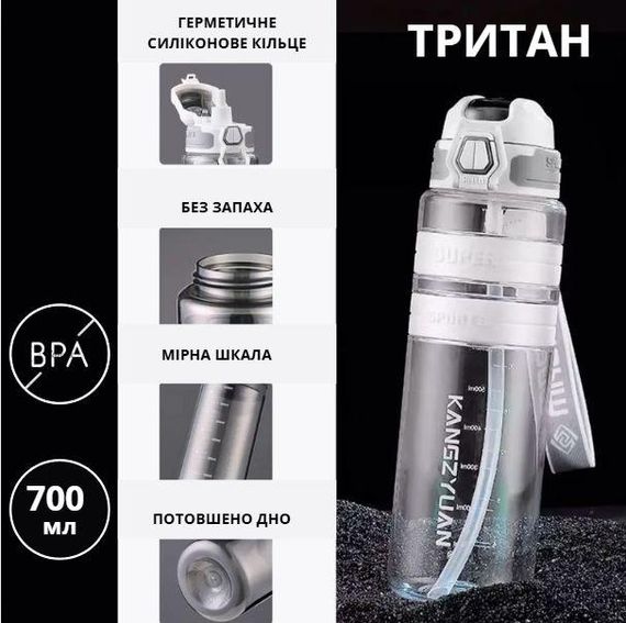 Спортивная бутылка KANGZYUAN 700 мл - Белая Tritan BPA-free, ударопрочная эко-бутылка с антискользящим грипом | Зображення 4