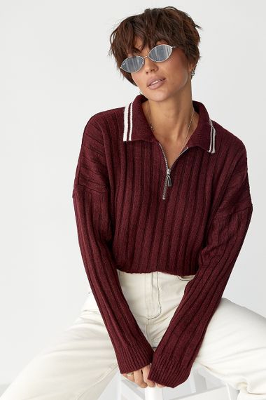 В'язана кофта-поло в широкий рубчик - бордо цвет, ONE SIZE (є розміри) | Зображення 4