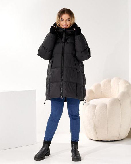 Об'ємний пуховик чорний люкс якості великих розмірів