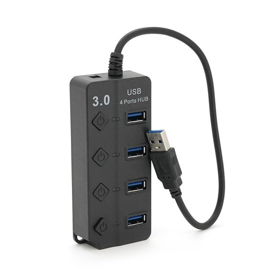 Хаб USB 3.0 4 порти, Black, 5Gb/s живлення від USB, з кнопкою LED/Blue на кожен порт, Blister