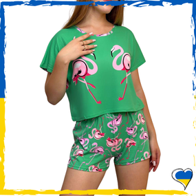 Женская пижама топ и шорты зеленая из фламинго S, M, L, XL