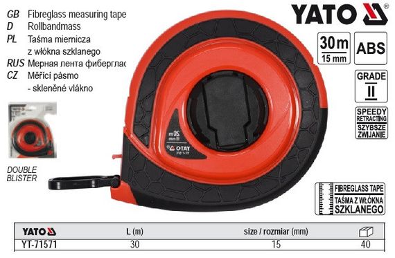 Рулетка вимірювальна скловолоконна YATO : L=30 м, b=15 мм, ручне змотування, закритий корпус