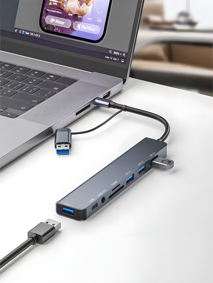 USB Type-C хаб концентратор 8 в 1 SD TF USB 3.0 2.0 3.5 мм Aux з перехідником | Зображення 3
