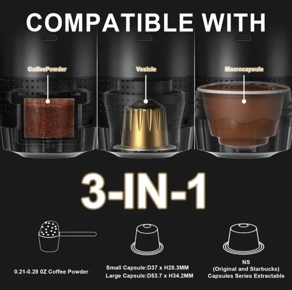 Портативна USB-кавоварка 3-в-1 для еспресо, капсул і меленої кави — компактна, бездротова, з підігрівом | Зображення 7