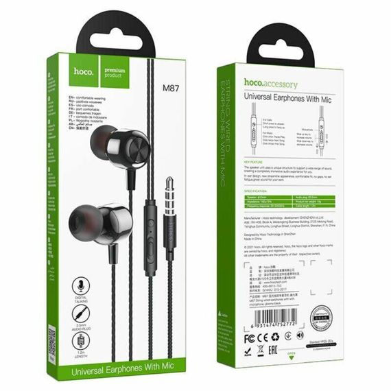 Навушники HOCO M87 String wired earphones with with microphone Gloomy Black | Зображення 4