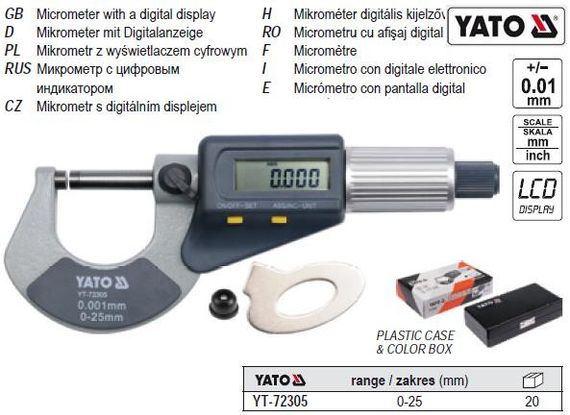 Микрометр мікрометр LCD цифрова шкала точність 0,01 мм діапазон 0-25 мм YATO-72305