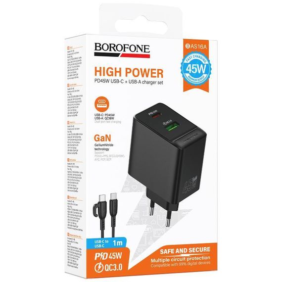 МЗП Borofone BAS16A Erudite PD45W+QC3.0 (1USB-A/1C) + кабель Type-C to Type-C Black | Зображення 1