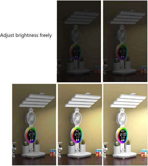 Аккумуляторная LED лампа  / Настольная лампа с 4 плафонами, RGB-подсветкой, часами и вентилятором | Зображення 1