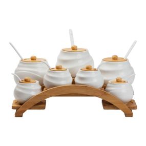 Банки для сыпучих продуктов 7 штук по 200 мл и 500 мл на бамбуковой подставке HP1231