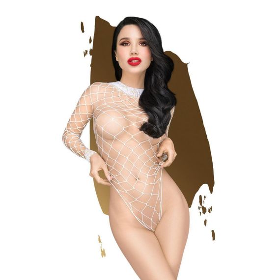 Боді Penthouse Scandalous XL White, велика сітка, високий комір, довгі рукави sexstyle