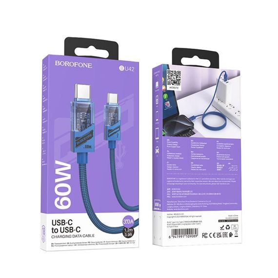 Кабель USB Borofone BU42 Octavia 60W Type-C to Type-C 1.2m Колір Синiй | Зображення 3