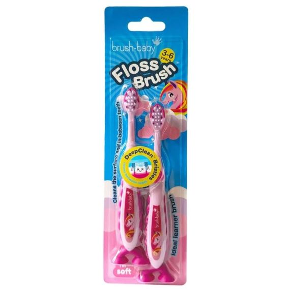 Дитяча зубна щітка на ніжці-липучці Brush-Baby FlossBrush Єдиноріг (3-6 років), подвійна упаковка