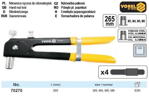 Заклепник Польща заклепочник для гайок М3-М6 l=265 мм VOREL-70270