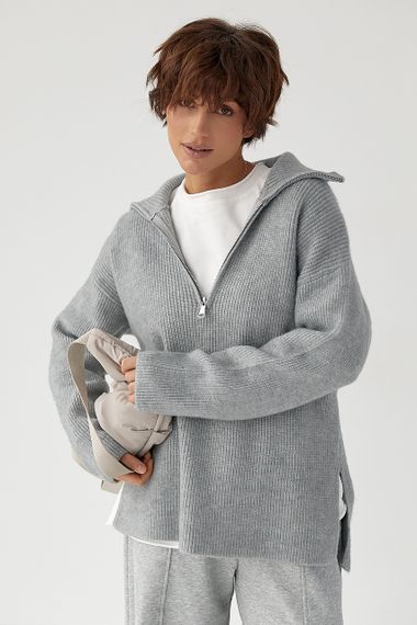 В'язаний светр із високою горловиною на блискавці - сірий цвет, ONE SIZE (є розміри) | Зображення 4