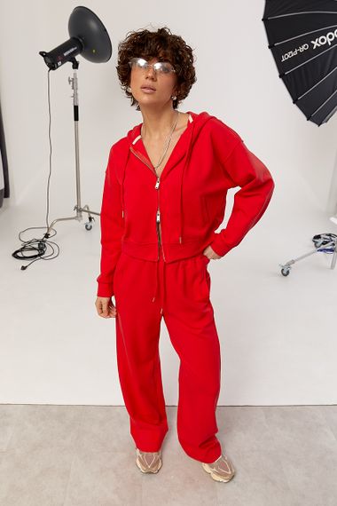 Спортивний костюм в дрібний рубчик з прямими штанами та худі на блискавці - червоний цвет, L (є розміри)