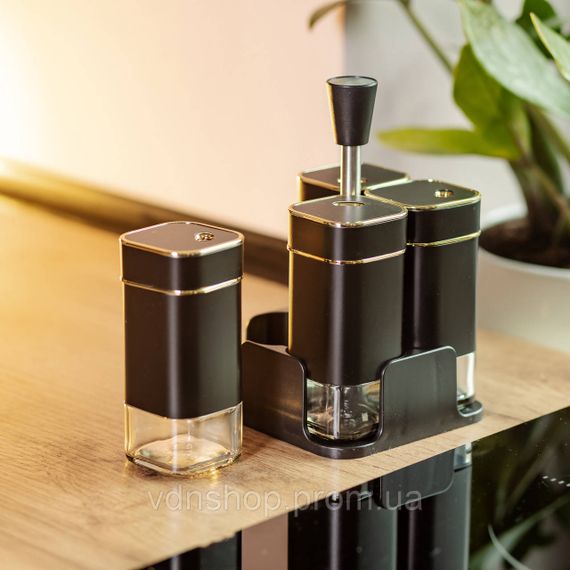 Набір для спецій на підставці 4 предмети 10х10х17 см ємності для приправ 120 мл Чорний HP-1306 | Зображення 6