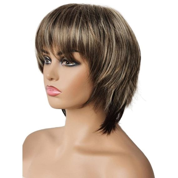 Перука коротка піксі багатошарова каштаново-русява з блондом, термостійке синтетичне волосся із чубчиком коричневе з меліруванням | Зображення 4