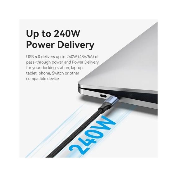 Дата кабель USB-C to USB-C 1.0m USB4.0 240W (50V/5A) 8K60Hz Thunderbolt 4 Gray Aluminum Alloy Vention (TAVHF) | Зображення 5