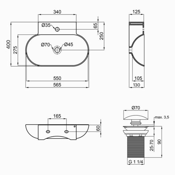 Комплект Qtap Cardinal: Раковина підвісна/накладна овальна 565х400х130 мм White + Донний клапан PU02 | Зображення 1