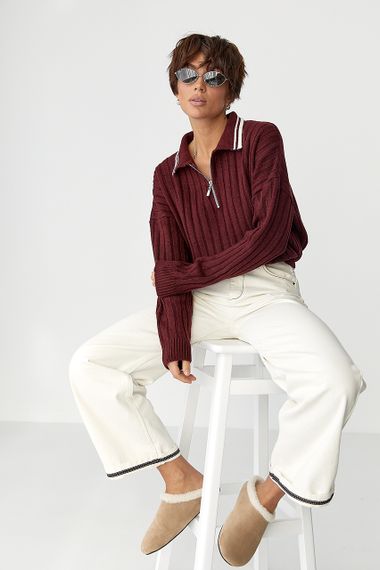 В'язана кофта-поло в широкий рубчик - бордо цвет, ONE SIZE (є розміри) | Зображення 2