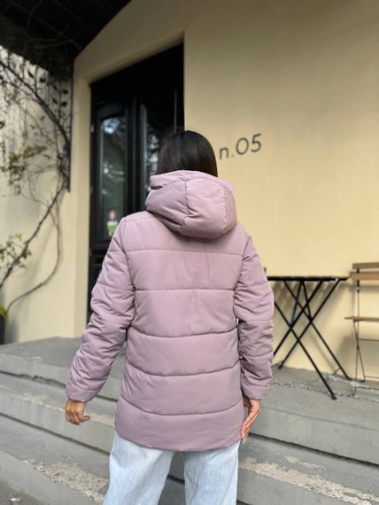 Жіноча тепла стьобана куртка зефірка на блискавці та кнопках з капюшоном розмір 48 колір пудровий UH270 | Зображення 2