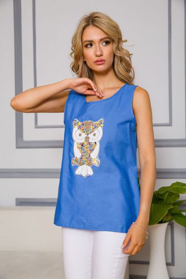 Жіноча майка, синього кольору з паєтками, 172R204 | Зображення 3