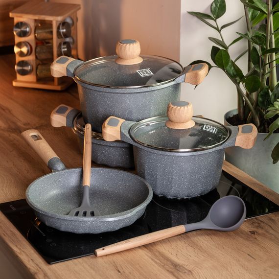 Набор посуды, 3 кастрюли, алюминиевая толстодонная кастрюля MGC с лопаткой и половником, серый. | Зображення 5