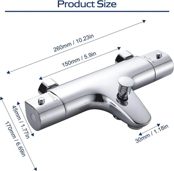 Термостатичний змішувач для ванни SINKTORY із захистом 38℃, з двома виходами води, латунний, хромований | Зображення 8