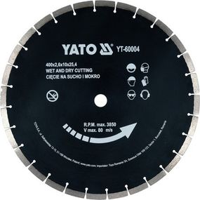 Диск алмазний сегментний по бетону YATO : Ø= 400x 25,4 мм. t= 3,6 мм, до YT-84820 YT-60004