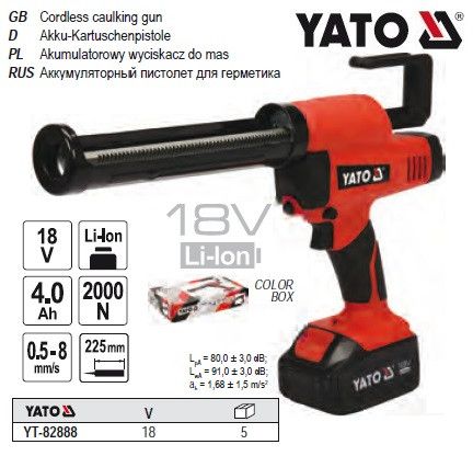 Пістолет для клеїв і герметиків акумул. YATO: Li-Ion 18 В, 4 Року, для тюбів l=225 мм, 0.5-8 мм/с YT-82888