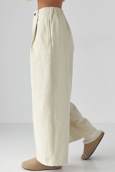 Котонові штани-палаццо зі складками - бежевий цвет, M (є розміри) | Зображення 4