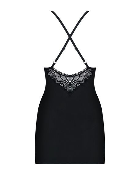 Сатиновый комплект для сна с кружевом Obsessive 828-CHE-1 chemise & thong L/XL, черный, сорочка | Зображення 5