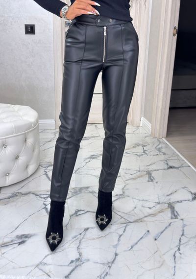 Женские утепленные узкие кожаные брюки на замше, BU8780 цвет черный, размер 44 | Зображення 2
