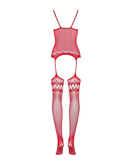 Бодістокінг Obsessive Bodystocking F214 red S/M/L, імітація корсета та панчіх на підв’язках | Зображення 5