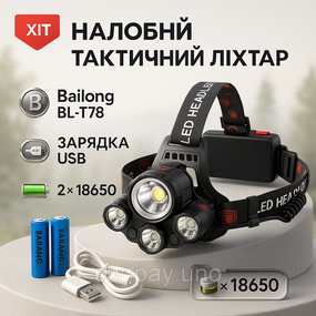 Ліхтар на лоб для промислових робіт Bailong, Акумуляторний ліхтар на голову із зарядним пристроєм YJ-94