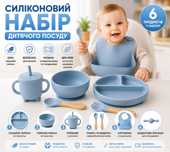 Набір дитячого посуду із 6 предметів блакитний 26X-34