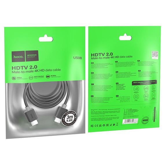 Кабель HOCO HDMI-HDMI 4Kx2K Ultra HD, 3m, v2.0, круглий Black, конектор Black | Зображення 4