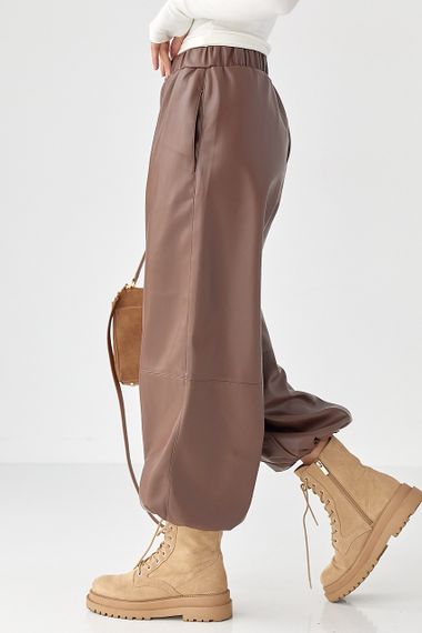 Штани-джогери з екошкіри - коричневий цвет, XS (є розміри) | Зображення 4