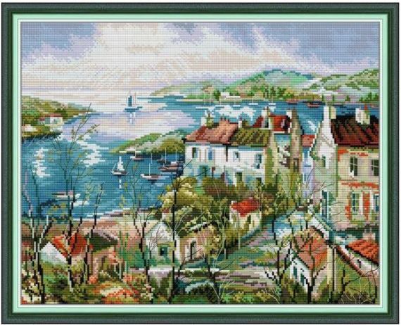 Набір для вишивання за нанесеною на канву схемою "The Seaside Town 3". AIDA 14CT printed 44*36 см