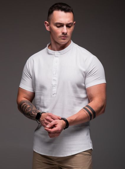 Мужская льнаная рубашка с коротким рукавом и воротником стойка на трех пуговицах RA1504 цвет белый, размер XL | Зображення 4