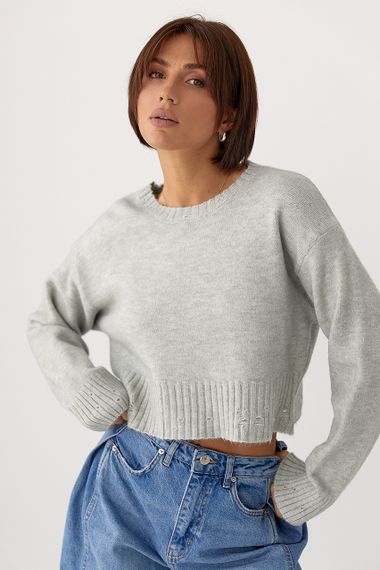 Укорочена в’язана кофта зі рваним ефектом - сірий цвет, ONE SIZE (є розміри) | Зображення 4