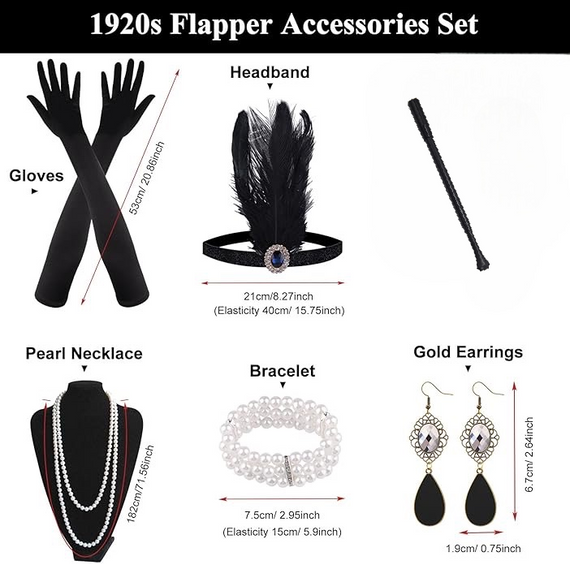 Набір аксесуарів у стилі 20-х Гетсбі Чикаго для жінок, обідок флаппер з пір’ям намисто сережки браслет чорні рукавички мундштук | Зображення 1