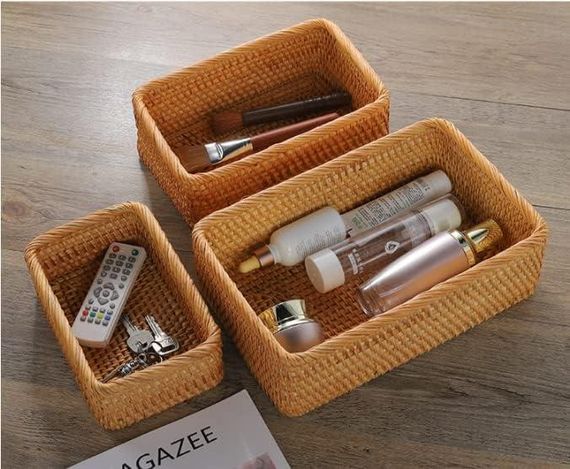 Корзины плетеные из натурального ротанга набор 3 шт, прямоугольные органайзеры для косметики, фруктов, мелочей | Зображення 1