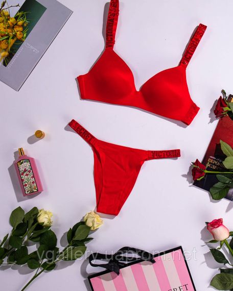Комплект жіночої безшовної білизни Victoria`s Secret GOLD із золотими стразами Червоний колір - 75C | Зображення 1